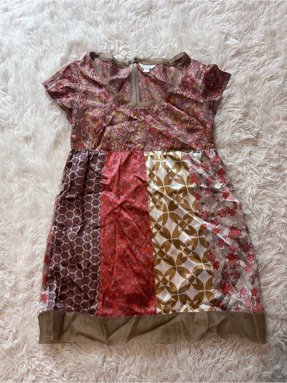 Garnet Hill Multicolor Patchwork Tunic — Brown, Red, Gold, Cream